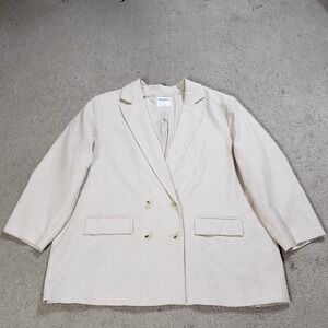Old Navy Womens Linen Blend Blazer 2X Tan Beige Double Button Oversized Relaxed